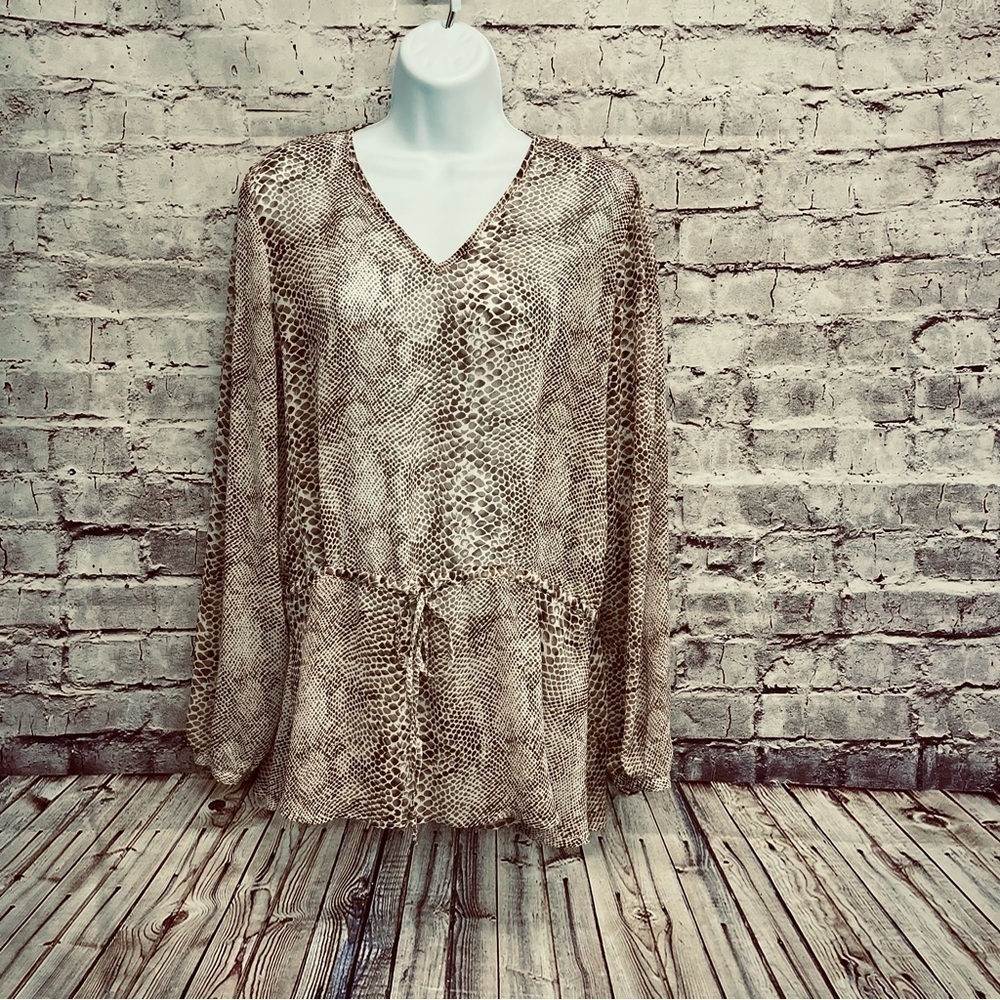 Susan Graver Style Brown Animal Print Long Sleeve Blouse